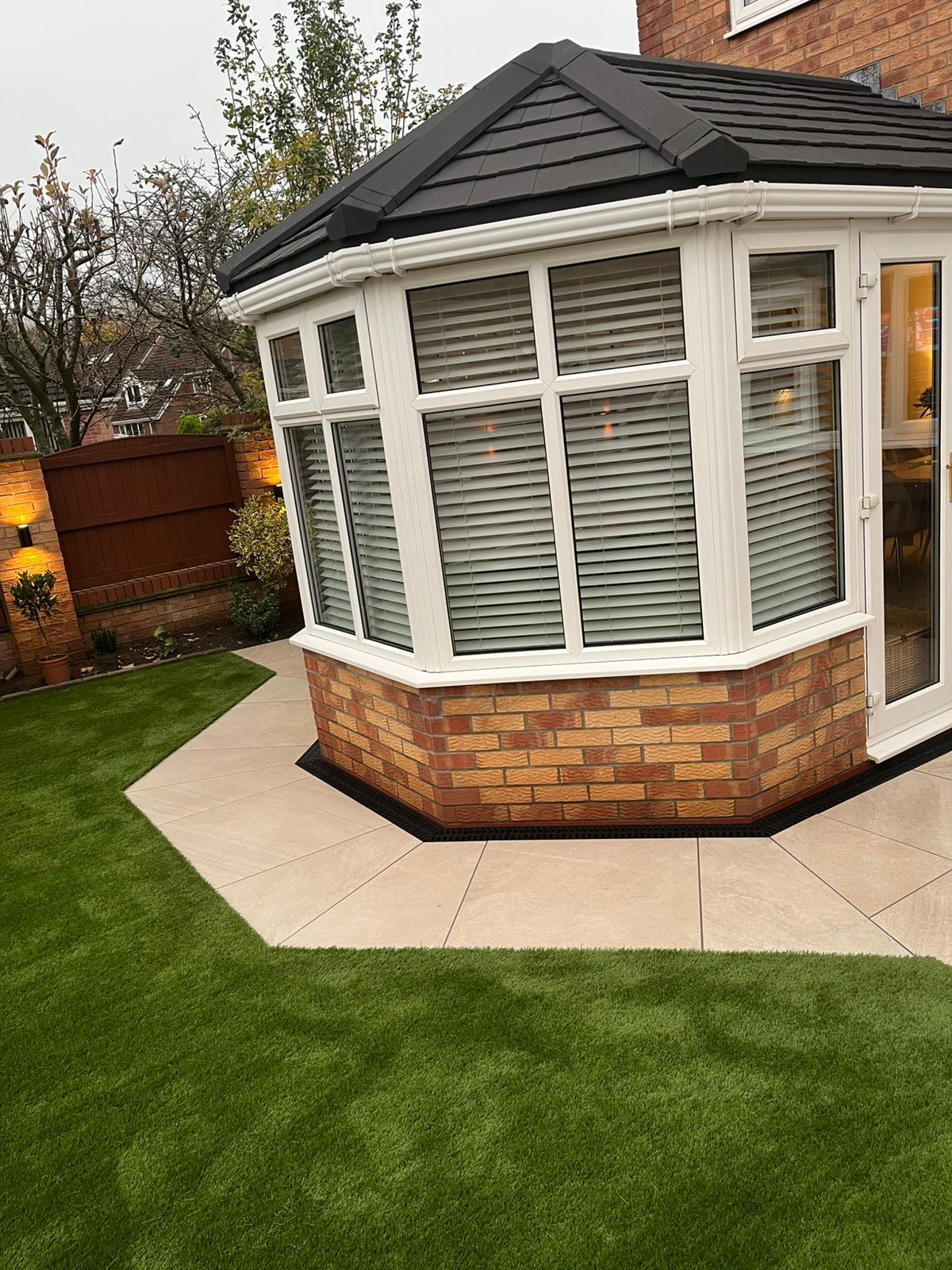 Large Porcelain Patio + Artificial Lawn — Open Garden Design